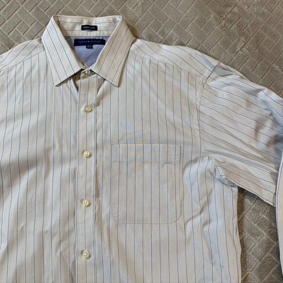 Tommy Hilfiger Mens Large Dress Shirt Regular Fit White Striped Long Sleeve - Picture 3 of 16